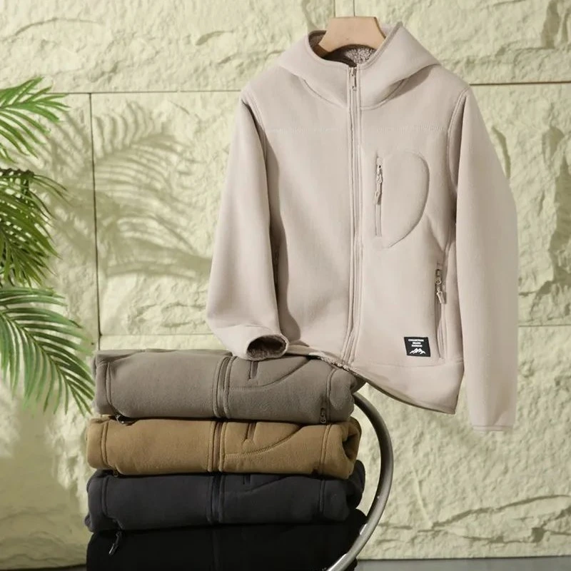 摇粒绒+羊羔绒！冬季男士休闲连帽防风厚实纯色宽松开衫外套8888