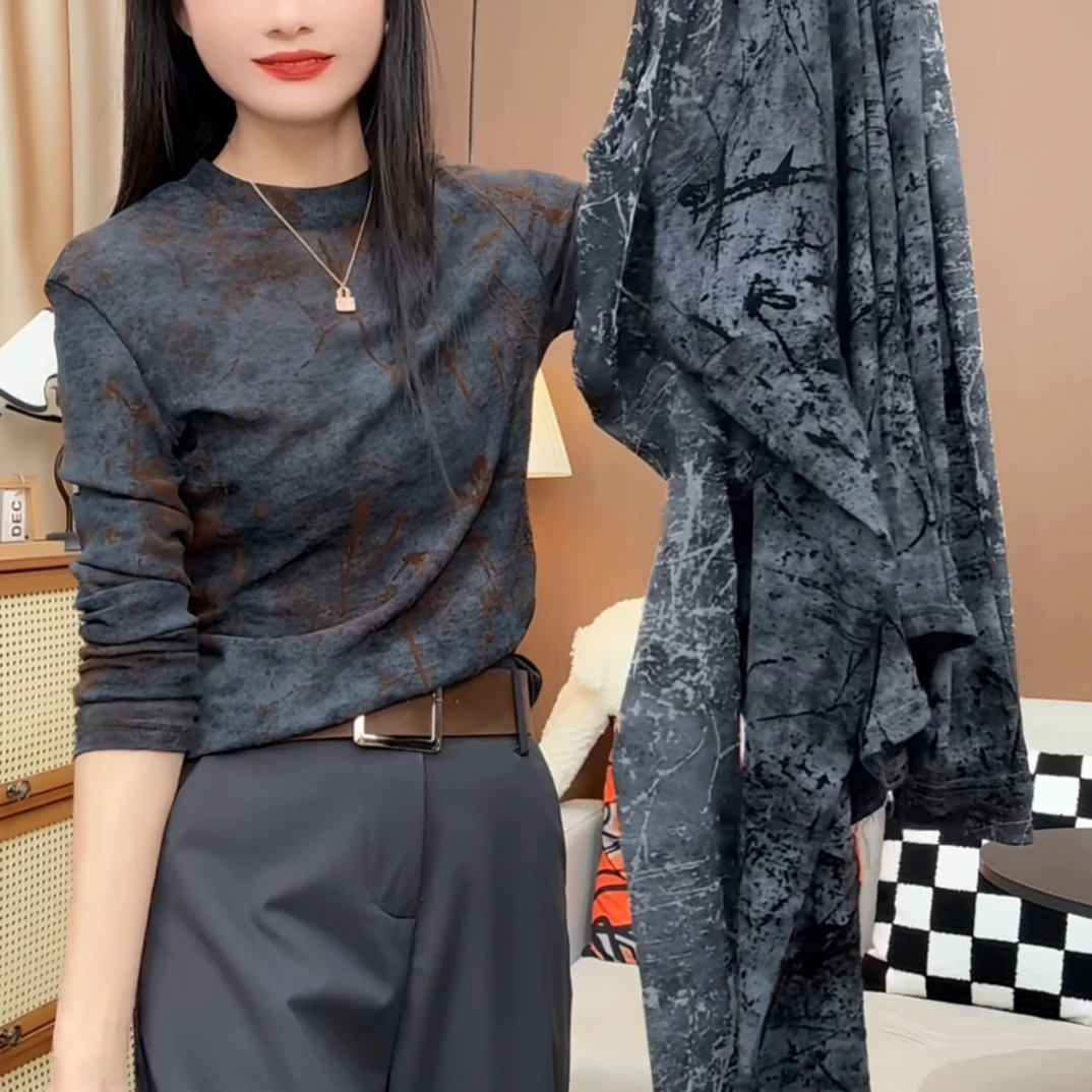 高级感扎染网纱长袖T恤女秋新款宽松洋气打底衫内搭气质上衣