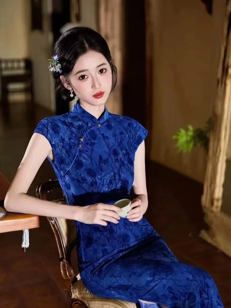 8884-【絮江南】新中式旗袍无袖新款气质蓝色日常复古老上海风