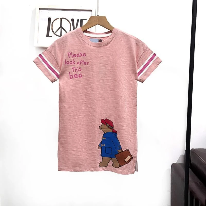 全棉儿童连衣裙直筒t恤裙字母撞色条纹动漫新款小学生中大童夏季