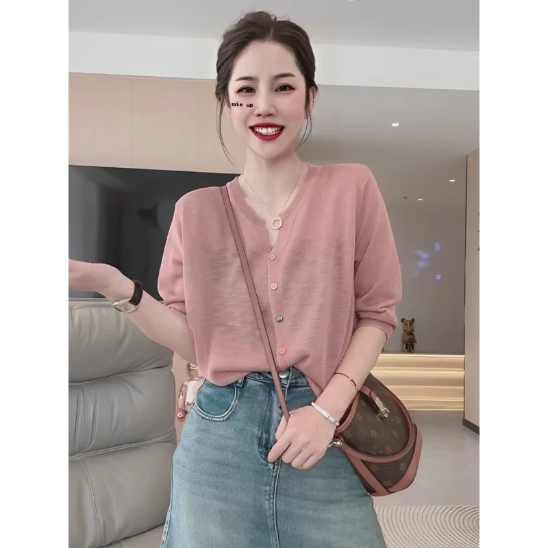 早春薄款圆领冰丝针织衫女2025新款外搭针织开衫外套宽松上衣