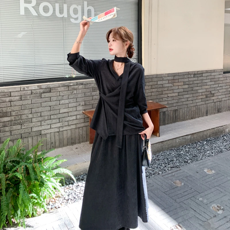 法式复古轻熟风飘带V领上衣半裙2025春秋新款高级感通勤风套装裙