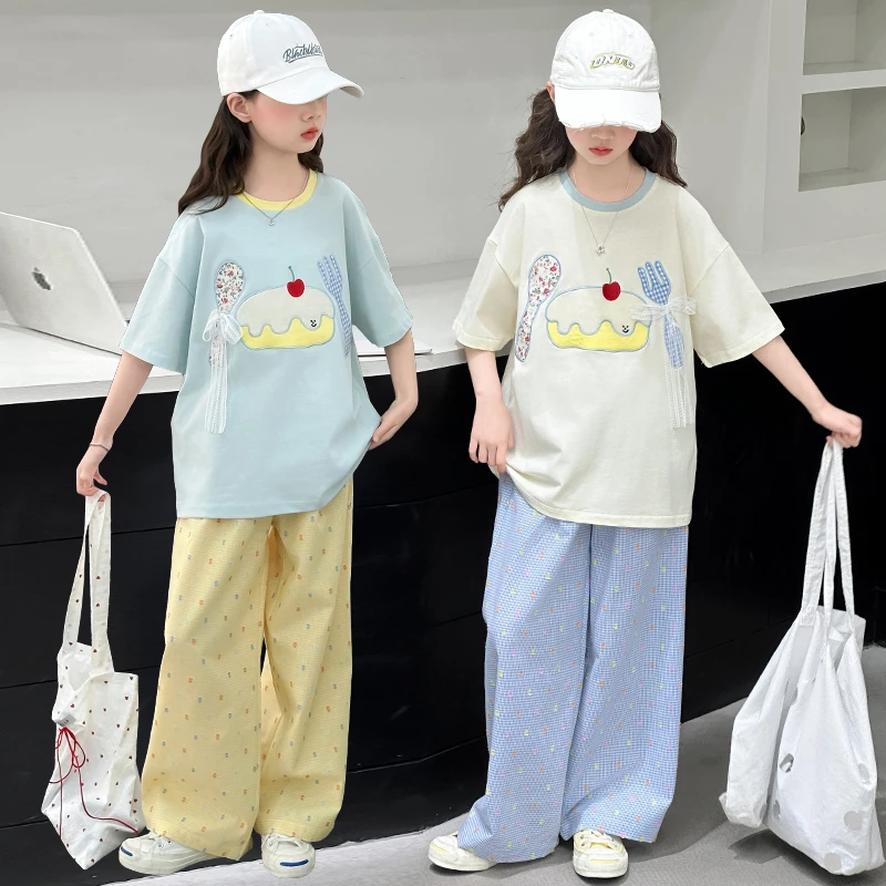 女童夏季卡通短袖T恤2025新款6-12岁波点裤时尚休闲小女孩两件套