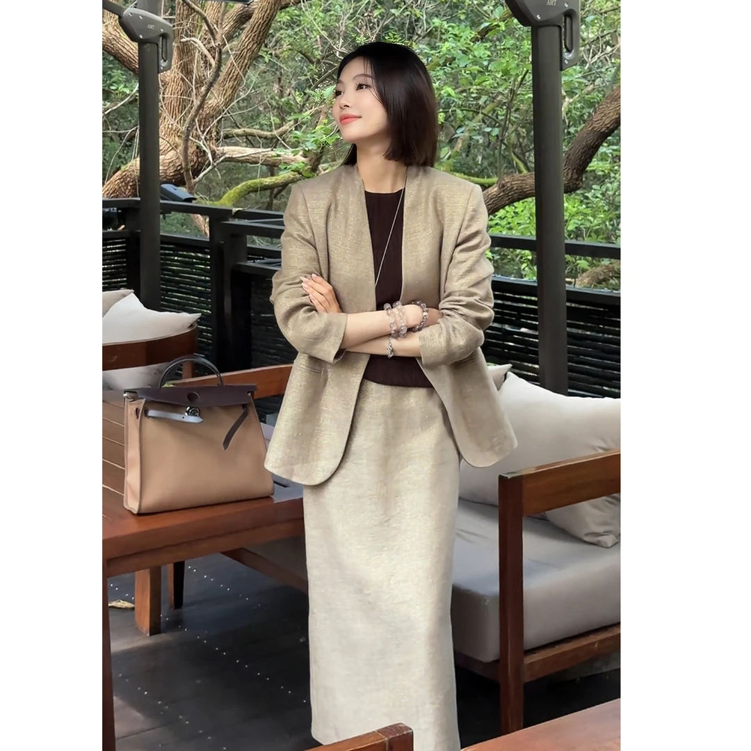 高端小香风亚麻套装女秋季新款休闲西装外套上衣半身裙通勤两件套