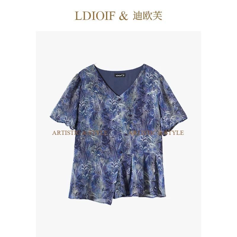 迪欧芙|定制晕染印花 / 轻盈感乔其纱 V领短袖小衫#XSY18375