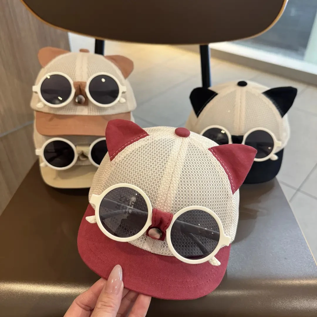 夏季防晒太阳帽墨镜一体棒球帽男女童网眼鸭舌帽宝宝帽子