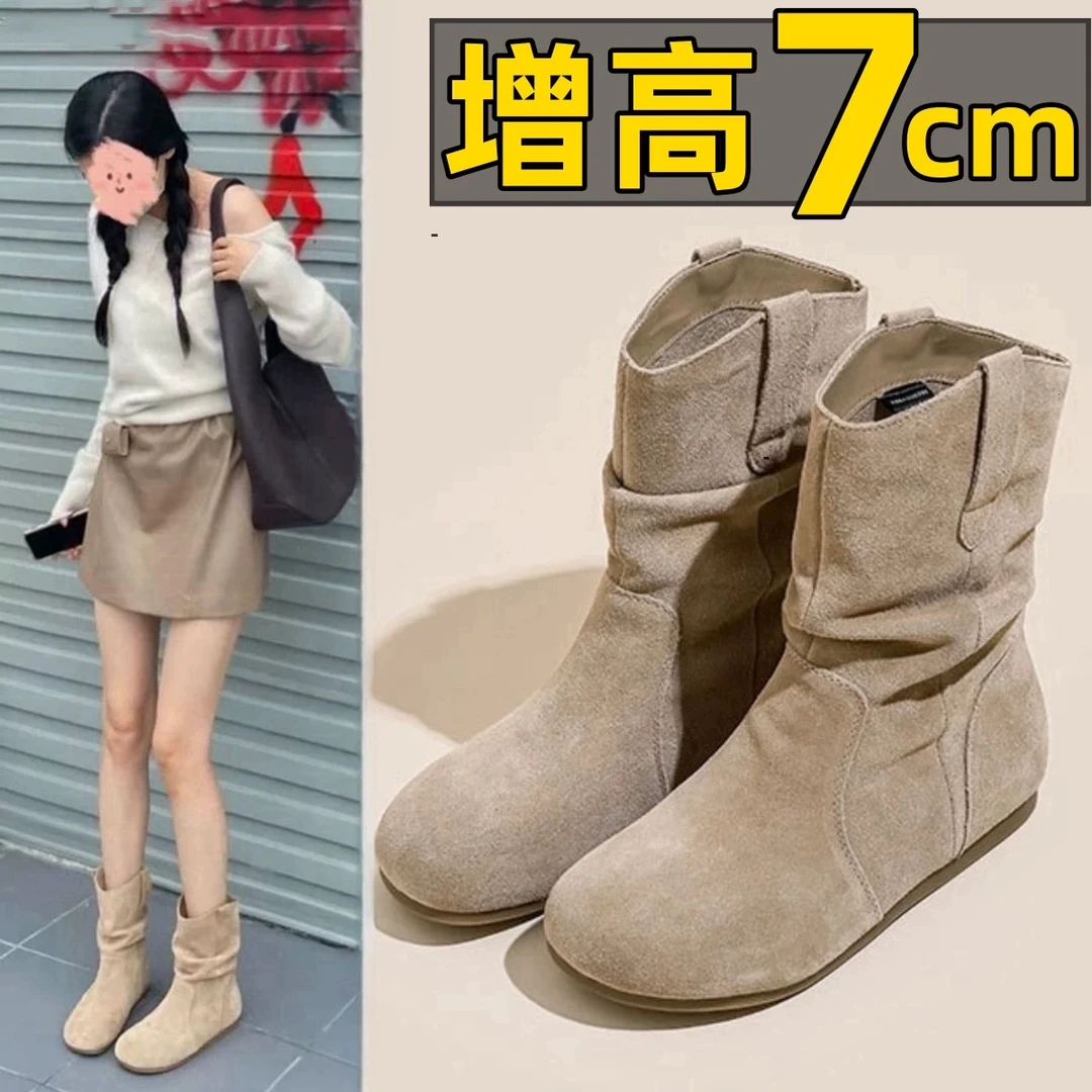 小个子内增高7cm勃肯鞋女网红复古真皮堆堆瘦瘦靴软底百搭短靴子