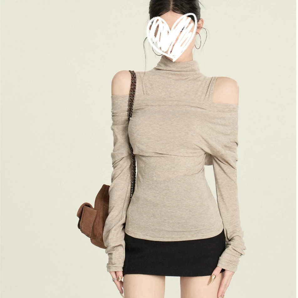 艺等韩系气质假两件露肩长袖T恤修身显瘦纯欲百搭气质小众女上衣