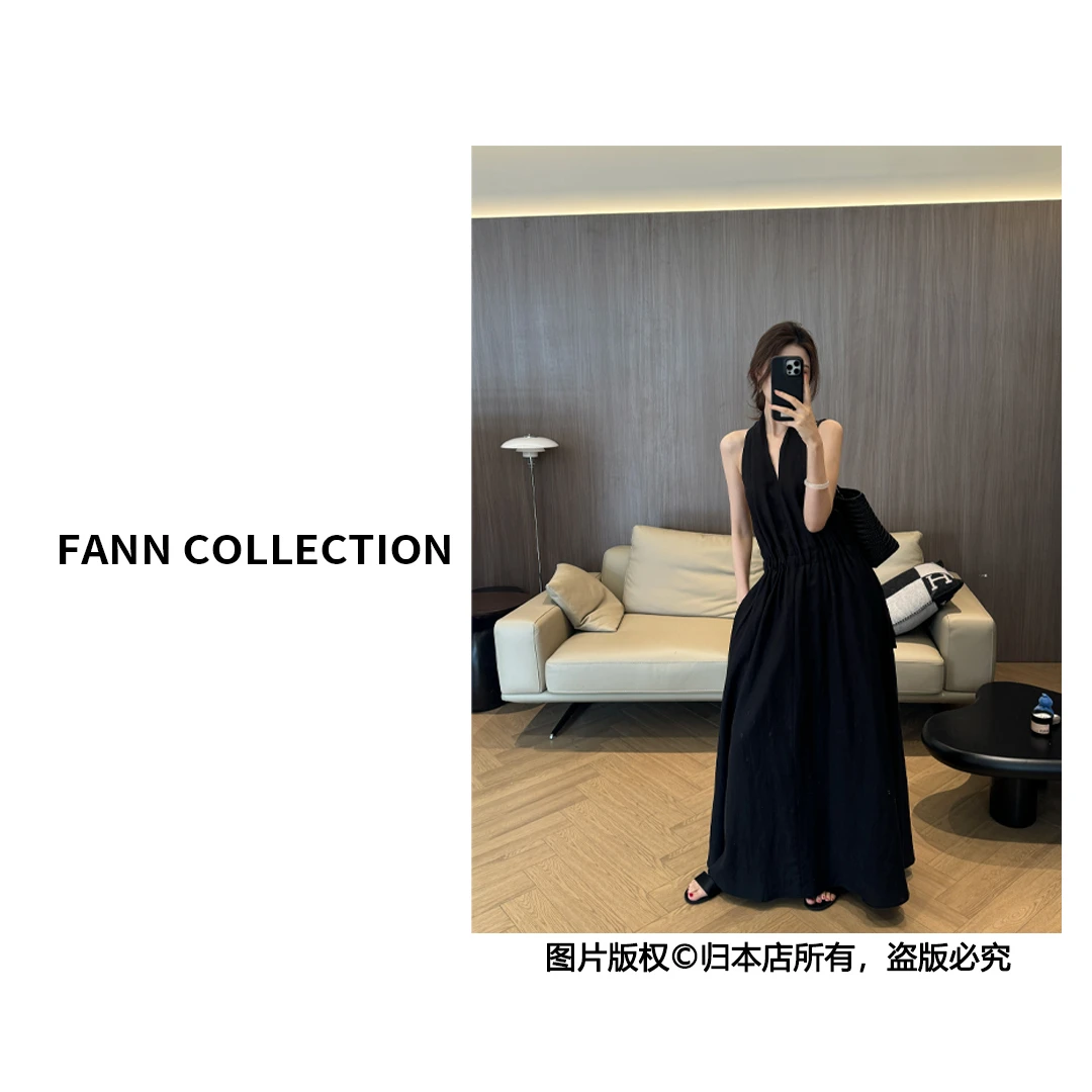 饭饭FANN COLLECTION 烟雨 天丝亚麻挂脖V领收腰连衣裙FANNC082
