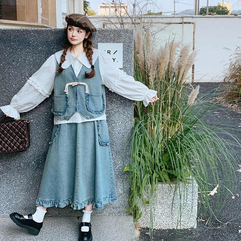 日系原宿风设计小众套装裙女春季衬衫木耳边牛仔马甲半身裙三件套