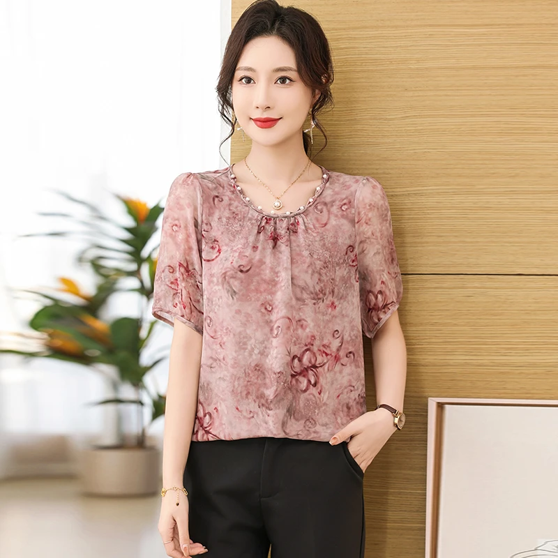 中老年女装休闲百搭印花短袖新款上衣妈妈装夏季小衫洋气母亲衣服