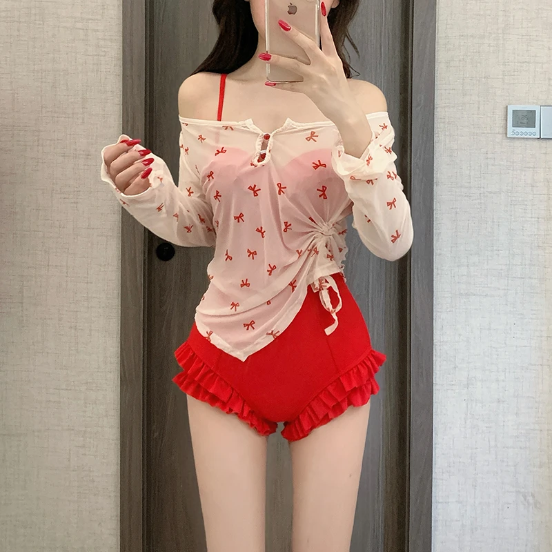 新款高颜值大码女款分体比基尼泳衣保守长袖女装罩衫遮肚显瘦可爱