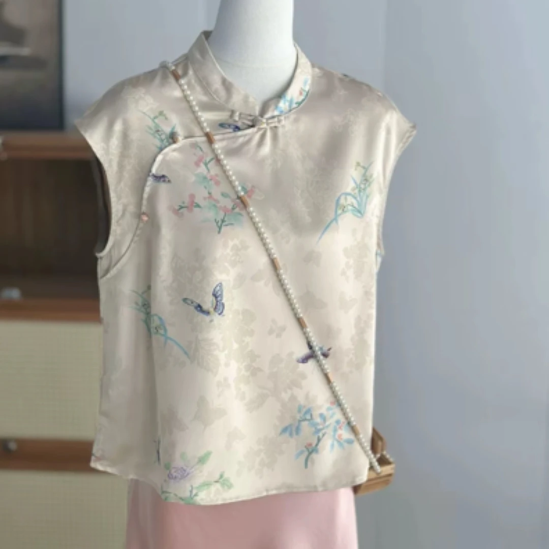 【素锦】夏季新款新中式立领提花短袖ins常规时尚T恤套装碎花