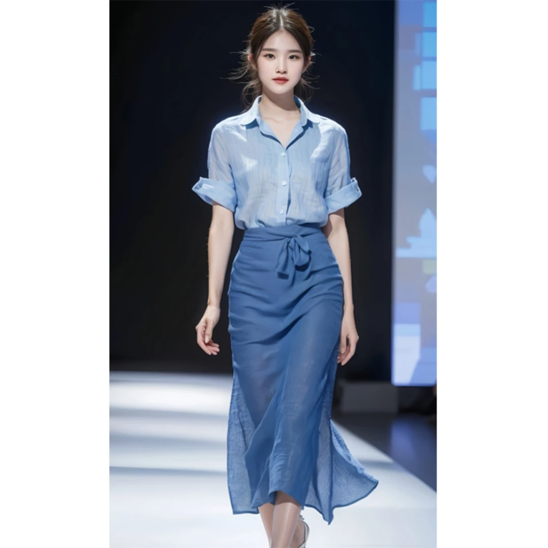 夏装搭配一整套今年流行漂亮休闲慵懒蓝色亚麻短袖衬衫两件套装女
