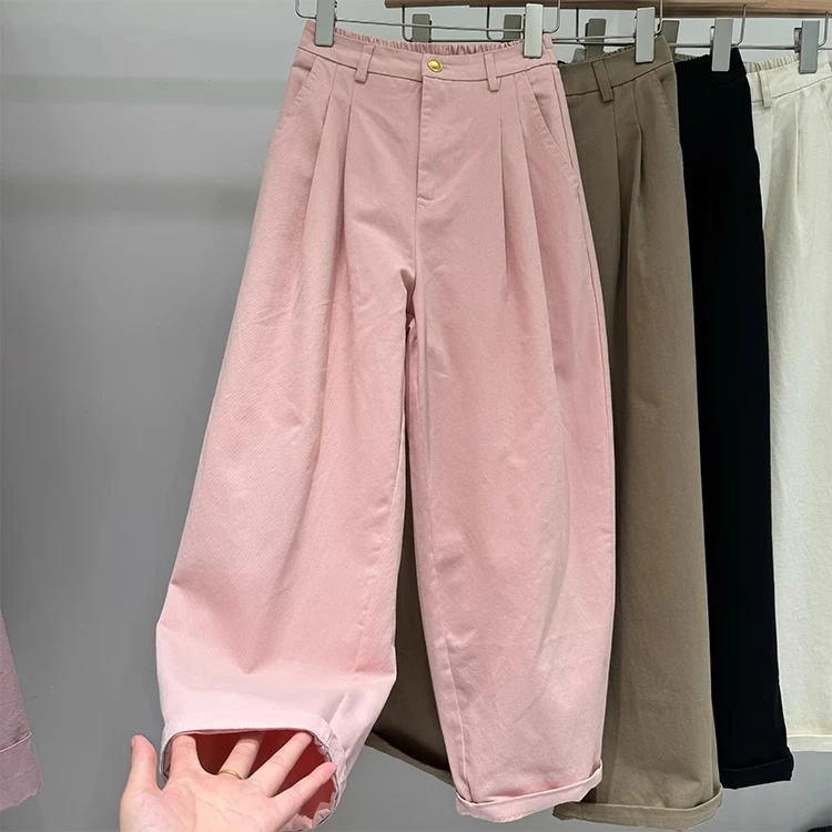 韩版通勤舒适休闲裤粉色温柔阔腿裤女夏直筒垂感显瘦长裤工装裤潮