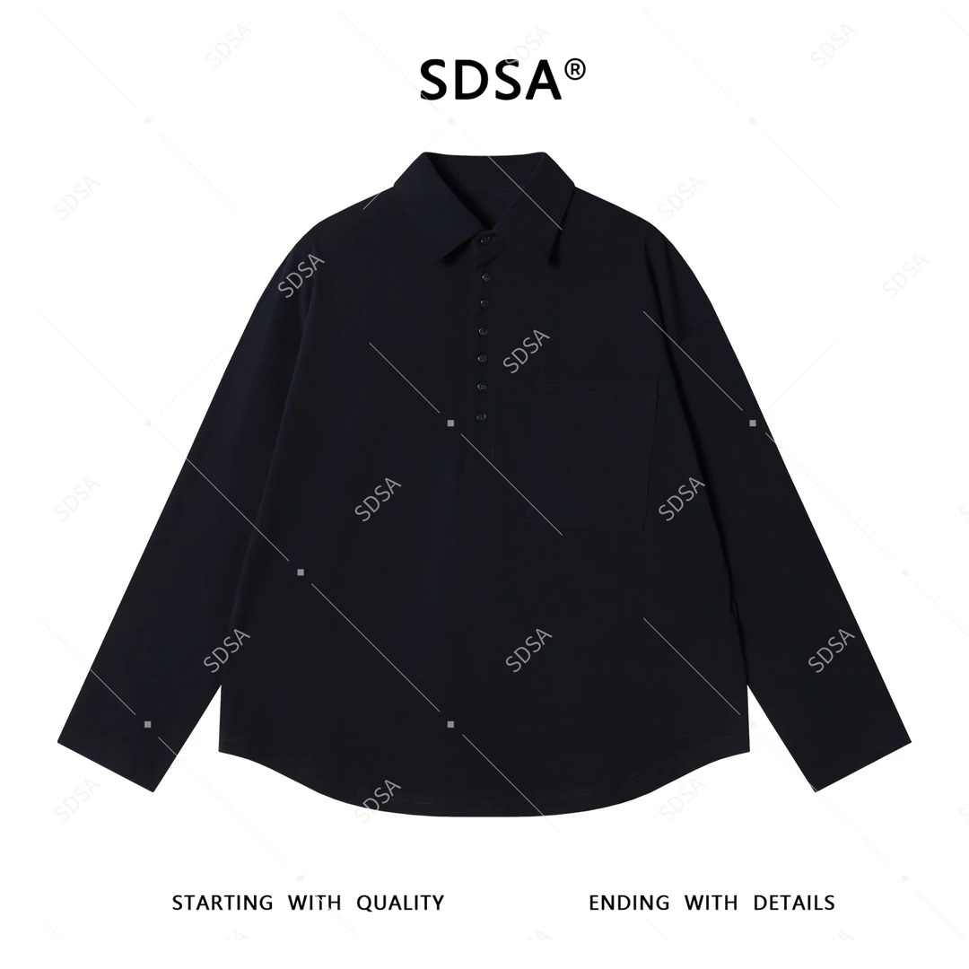 SDSA男士2025新款轻奢痞帅男装美式纯色半纽扣翻领长袖T恤百搭