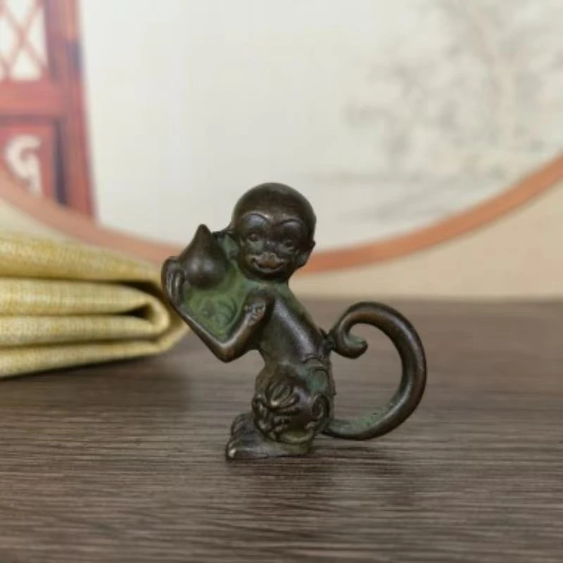 仿古灵猴献瑞古铜紫铜老包浆中式古玩家居饰品猴抱桃生肖仿古/工