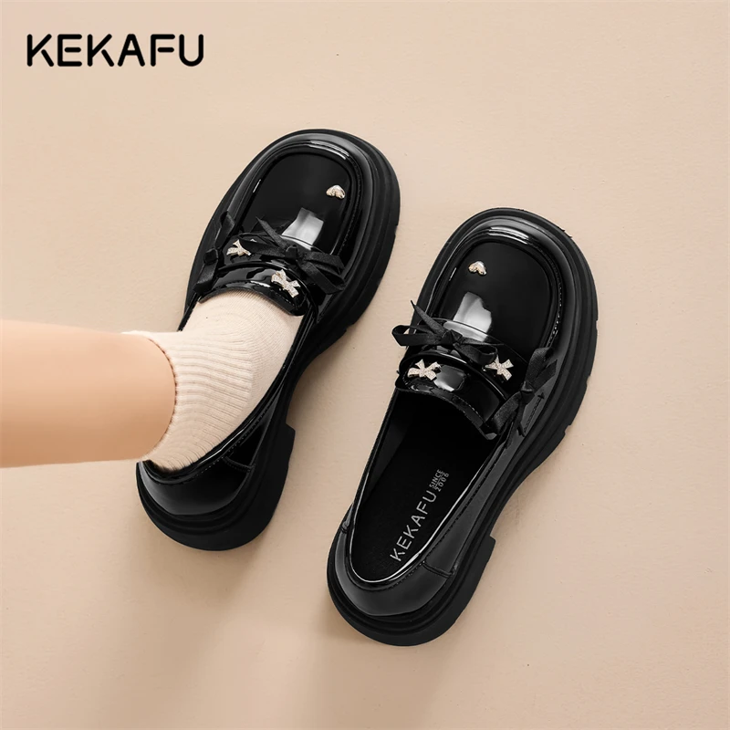 珂卡芙厚底乐福鞋女2025春季新款甜美蝴蝶结单鞋英伦风厚底小皮鞋