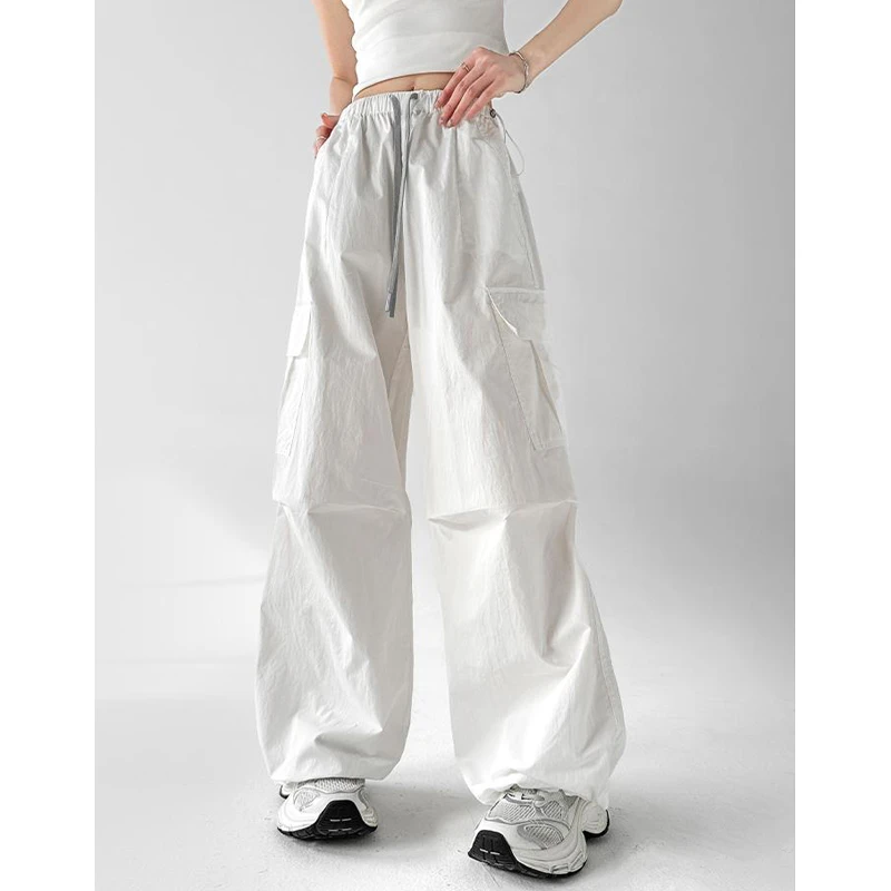 动感少女时尚松紧抽绳工装裤女2025夏季冰丝速干高腰直筒阔腿裤