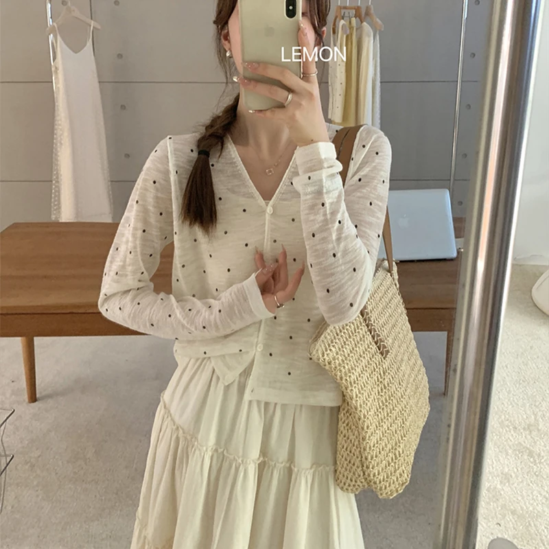 黑色波点针织开衫配吊带连衣裙子外搭罩衫女2025春秋新款冰丝上衣