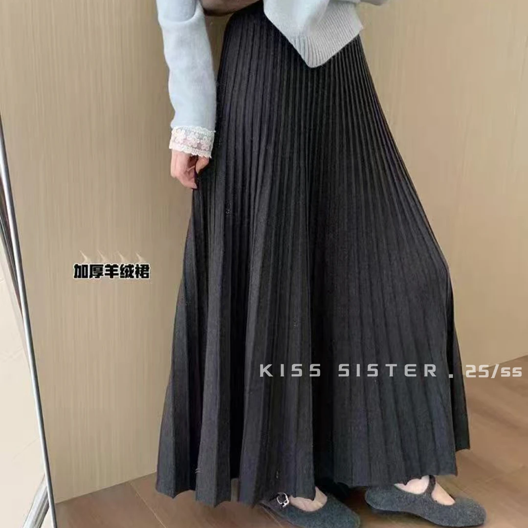 加厚百褶裙保暖又显瘦优雅氛围感拉满半身裙M6035