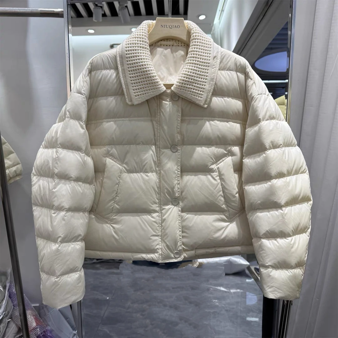 冬季新款宽松简约棉服女2025短款针织拼接翻领时尚百搭暖外套
