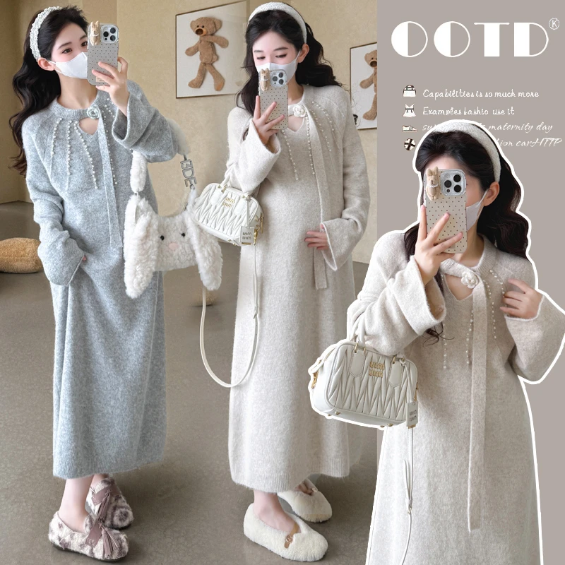 孕妇套装秋冬款2026毛衣钉珠花朵设计感连衣裙针织孕期连衣裙