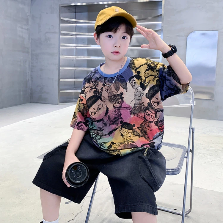 男童夏装短袖T恤2025新款大童夏季痞帅哪吒儿童洋气体恤上衣t