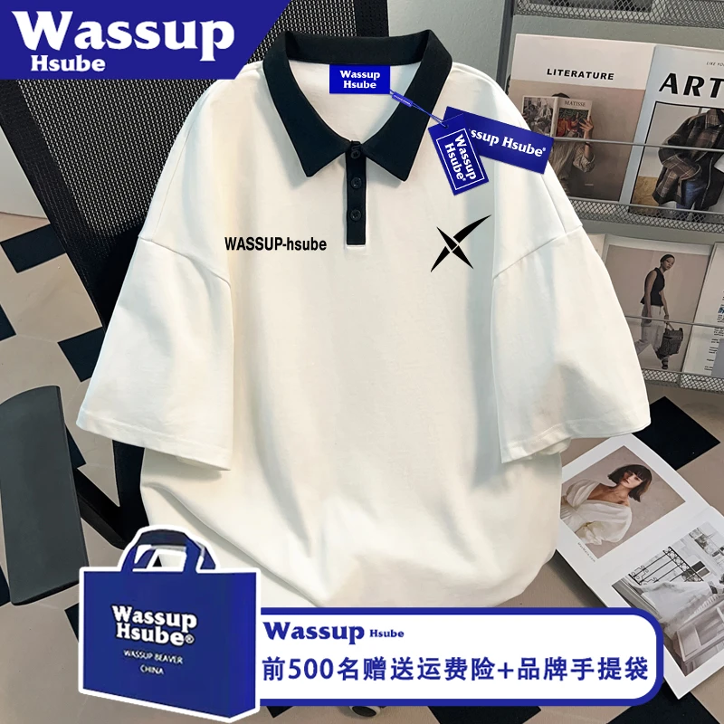 WASSUP HSUBE纯棉T恤夏季潮酷字母X标印花原创短袖男女同款POLO衫
