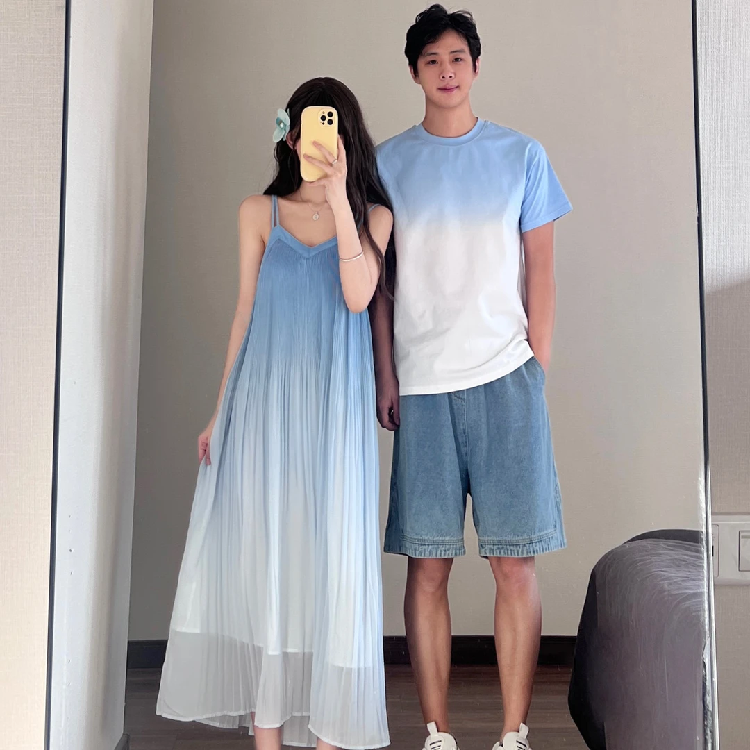 情侣装夏季度假风渐变色吊带女连衣裙男短袖T恤一裙一衣潮