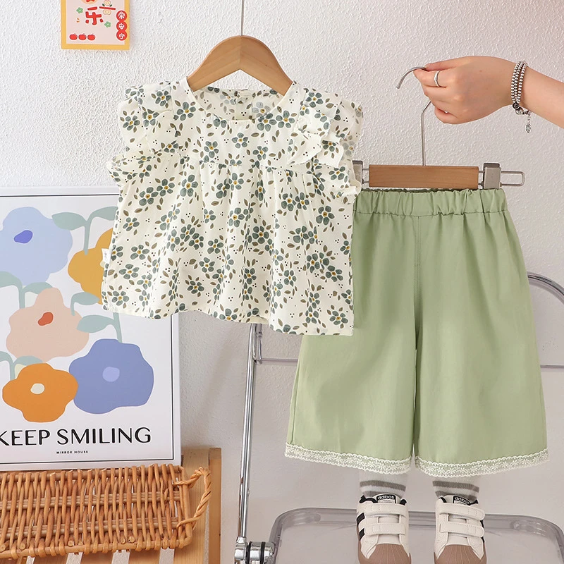 女童套装夏装韩版1-2-3-4岁女宝宝洋气碎花娃娃衫飞袖两件套浩