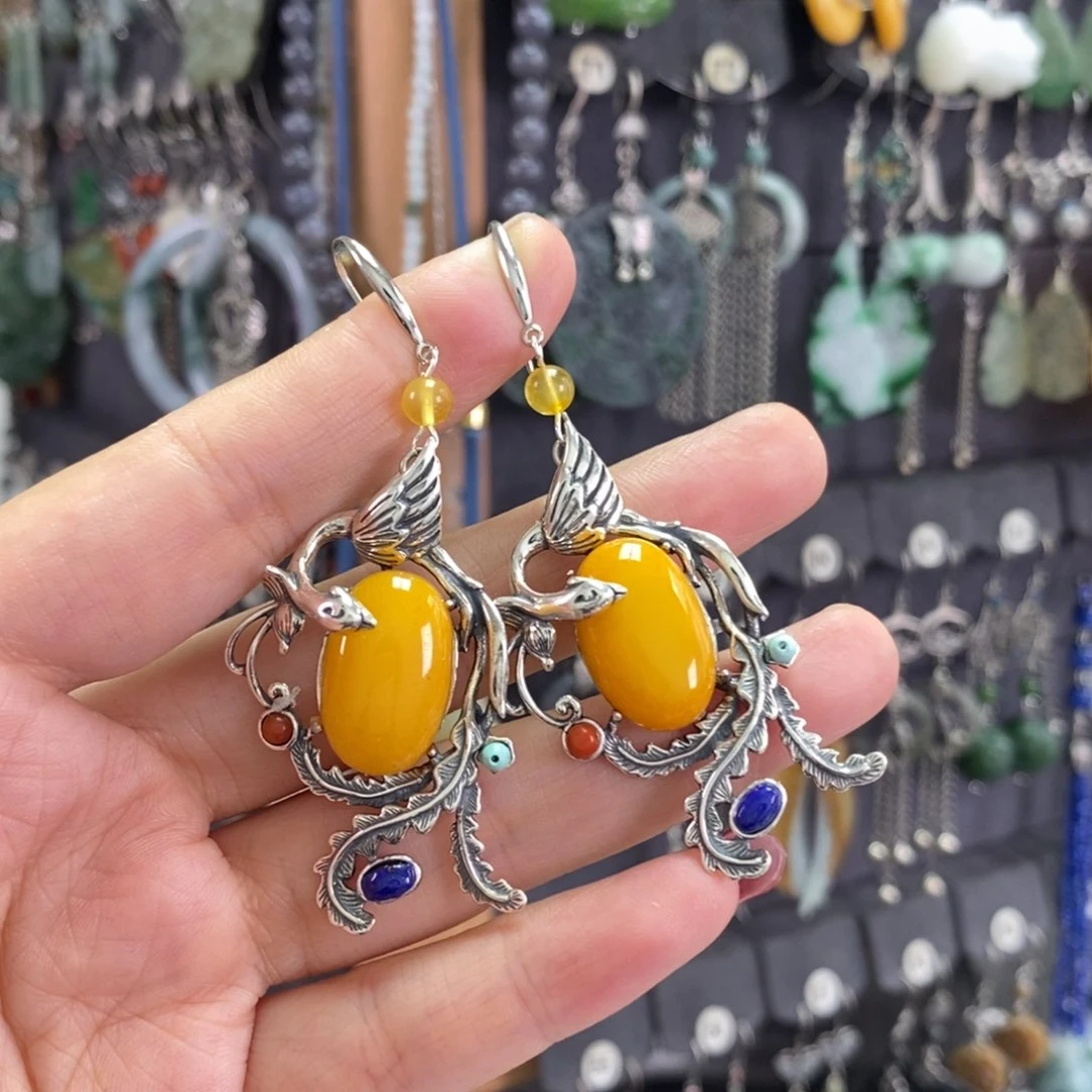 银S925镶嵌蜜蜡耳饰柴****）X21