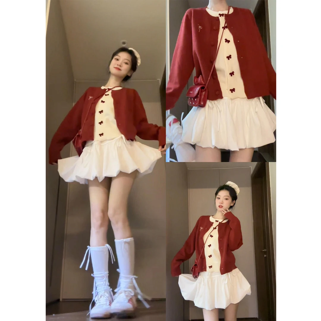 圣诞穿搭红色毛衣连衣裙子女秋冬季2025新款小个子法式两件套装裙