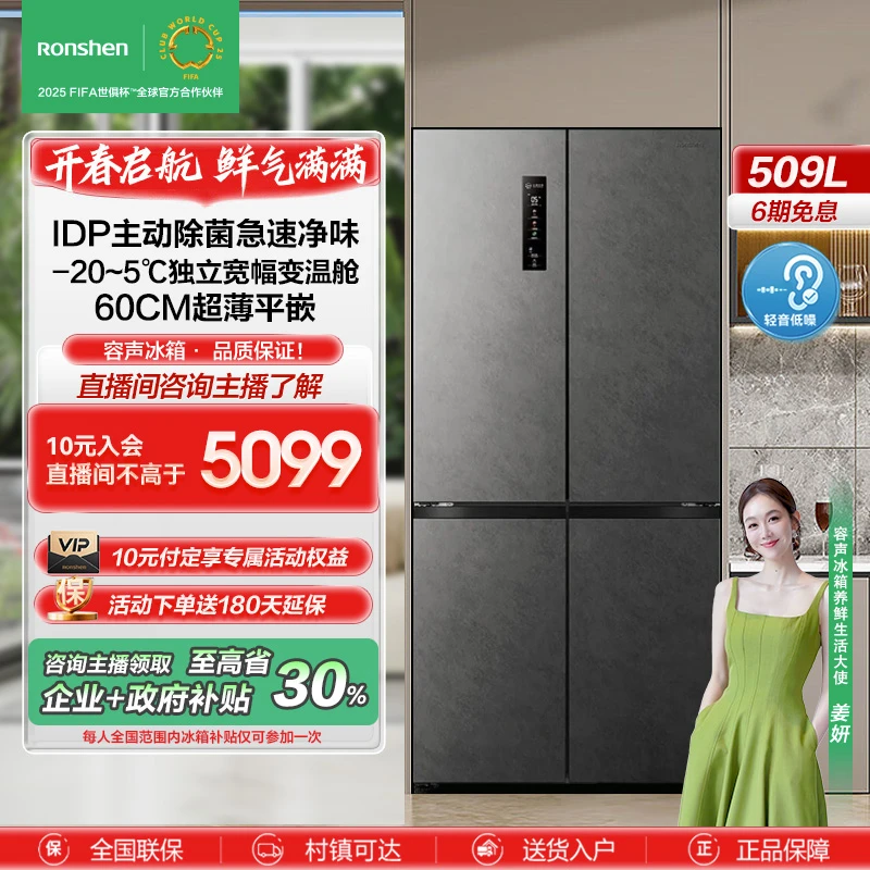 【政府补贴20%】容声509双净（517十字款）平嵌灰大容量冷冻冷藏冰箱