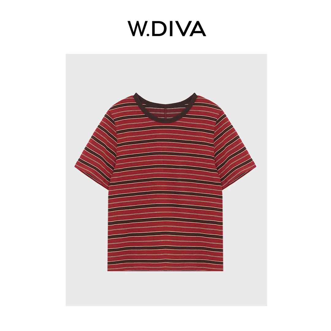 W.Diva【绯章】横条纹层次美学休闲舒适圆领短袖针织衫女52Z072068