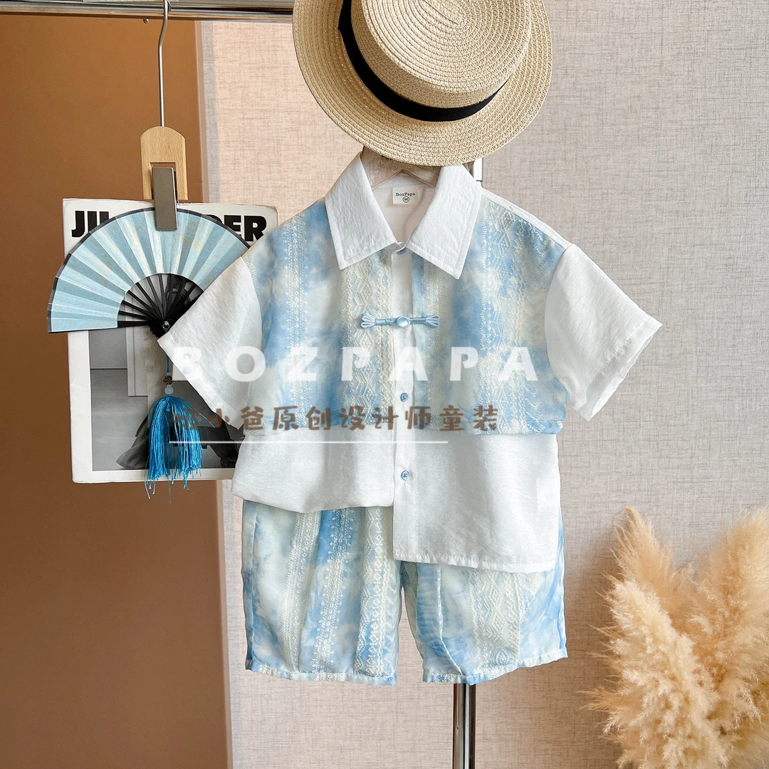 现货啵小爸【青霭酿雪】2025蓝色立体刺绣假两件衬衫七分裤两件套