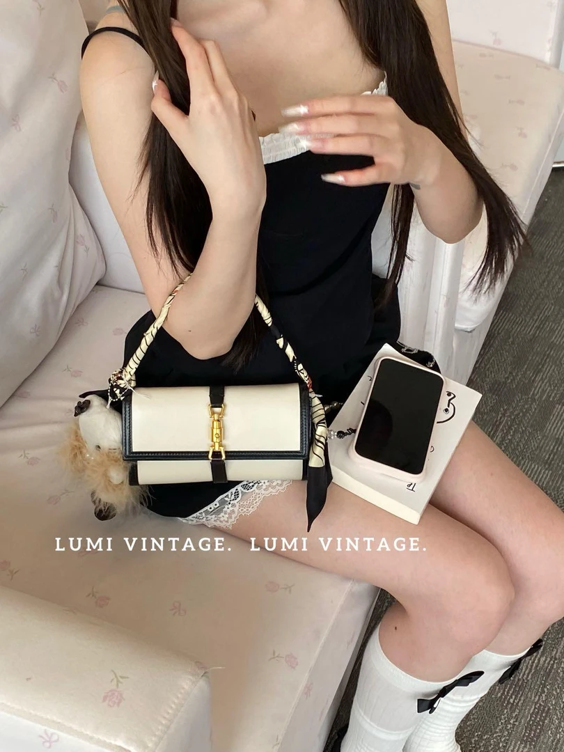 95新 GUCCI/古驰 黑白熊猫拼色牛皮jackie1961单肩包50684084
