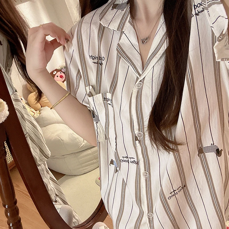 日系小棕条狗狗泡泡棉睡衣女短袖夏季天甜美卡通家居服薄款可外穿