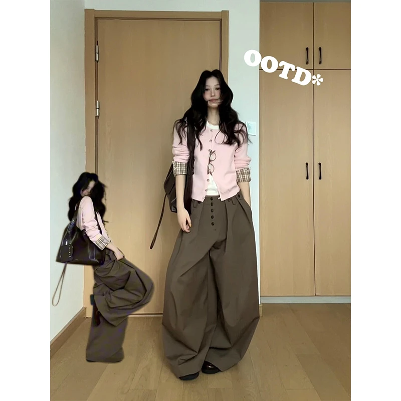 MARIE.COCO温柔风格纹拼接长袖针织开衫女秋季松弛感阔腿裤两件套