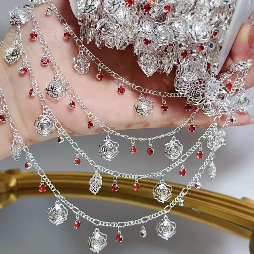 编号399  法式银红玫瑰玫瑰吊钻纯铜链条DIY饰品