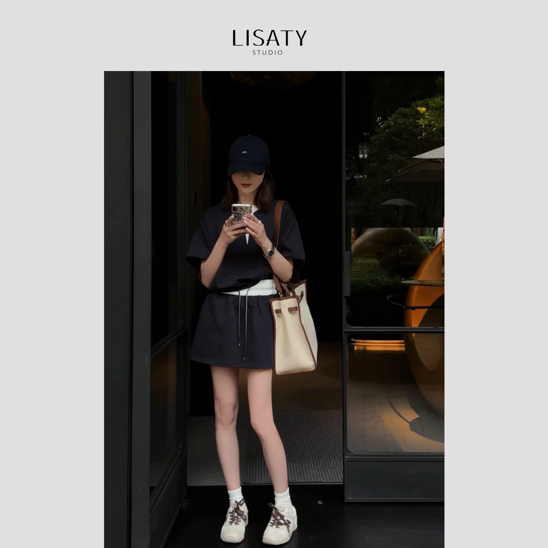 LISATY 夏日系列 假两件拼色圆领半袖上衣+裙裤套装