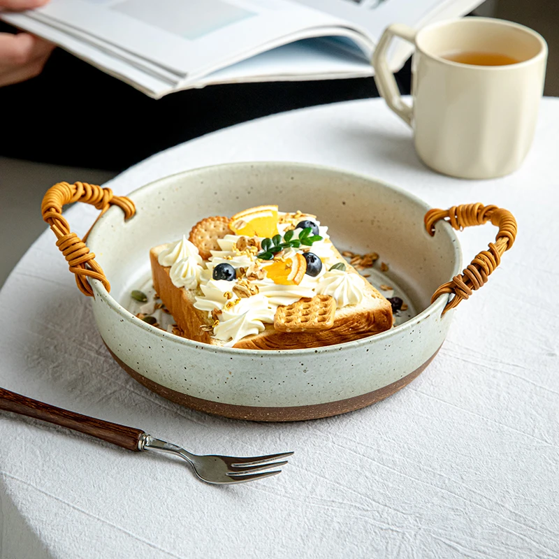 〖好看又能装〗日式藤编粗陶双耳螺纹深盘炒菜盘果盘民宿餐具
