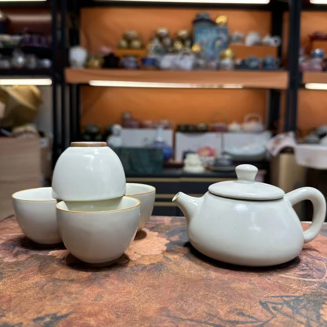 友名 米黄汝窑石瓢壶+4杯-8929