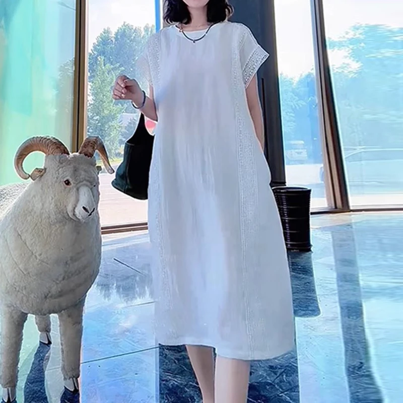 大码胖mm小众简约风连衣裙夏季新款显瘦遮肉宽松百搭A字中长裙子