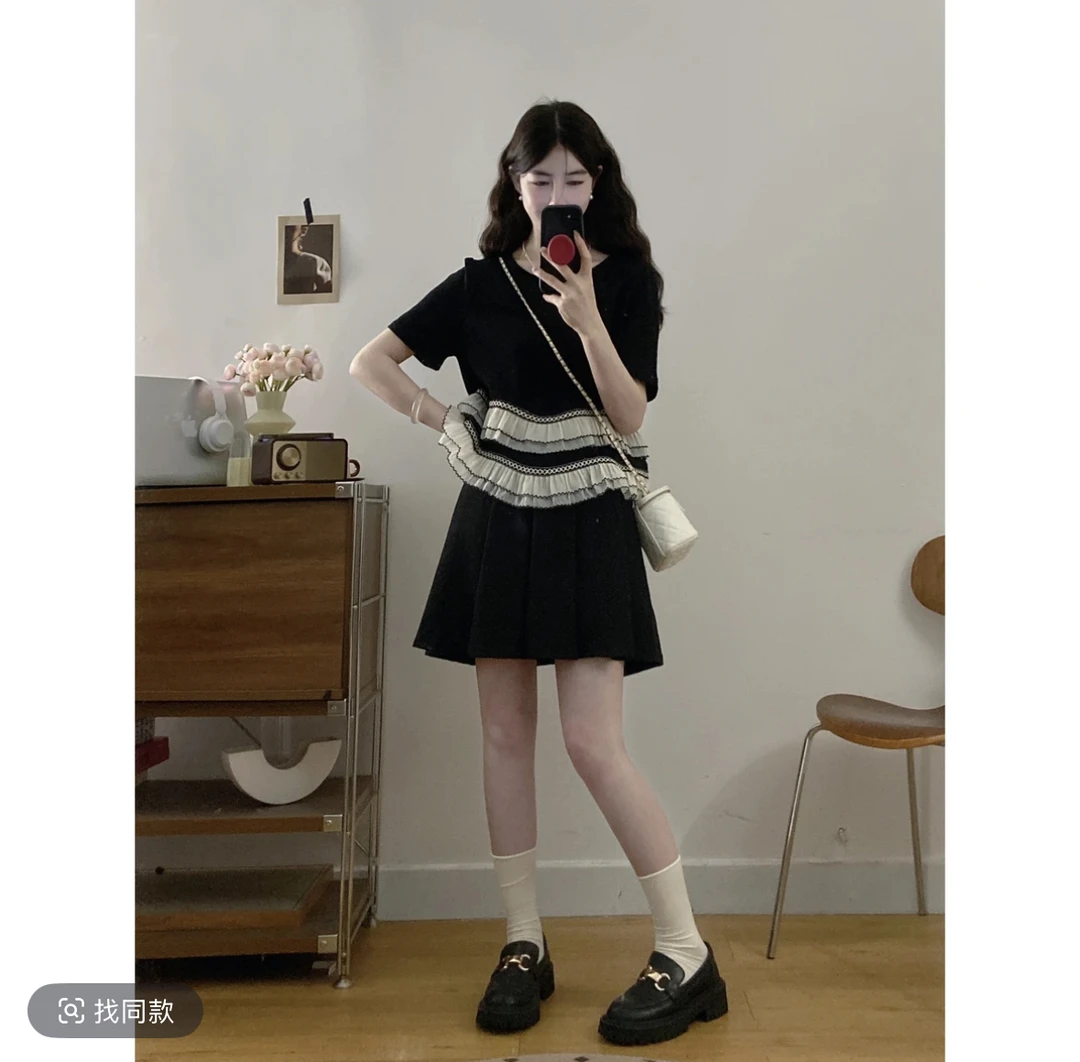 2025夏季新款黑色圆领百搭拼接荷叶边+百褶半身裙短裙