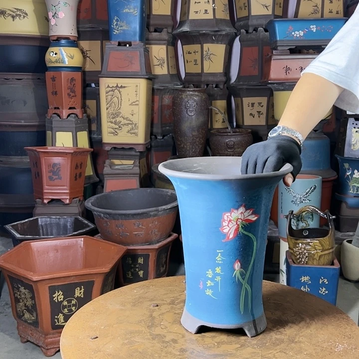 宜兴紫砂花盆花盆一念花开蓝色小