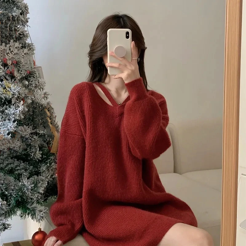 秋冬季新款慵懒风毛衣裙女宽松外穿洋气连衣裙针织衫长袖