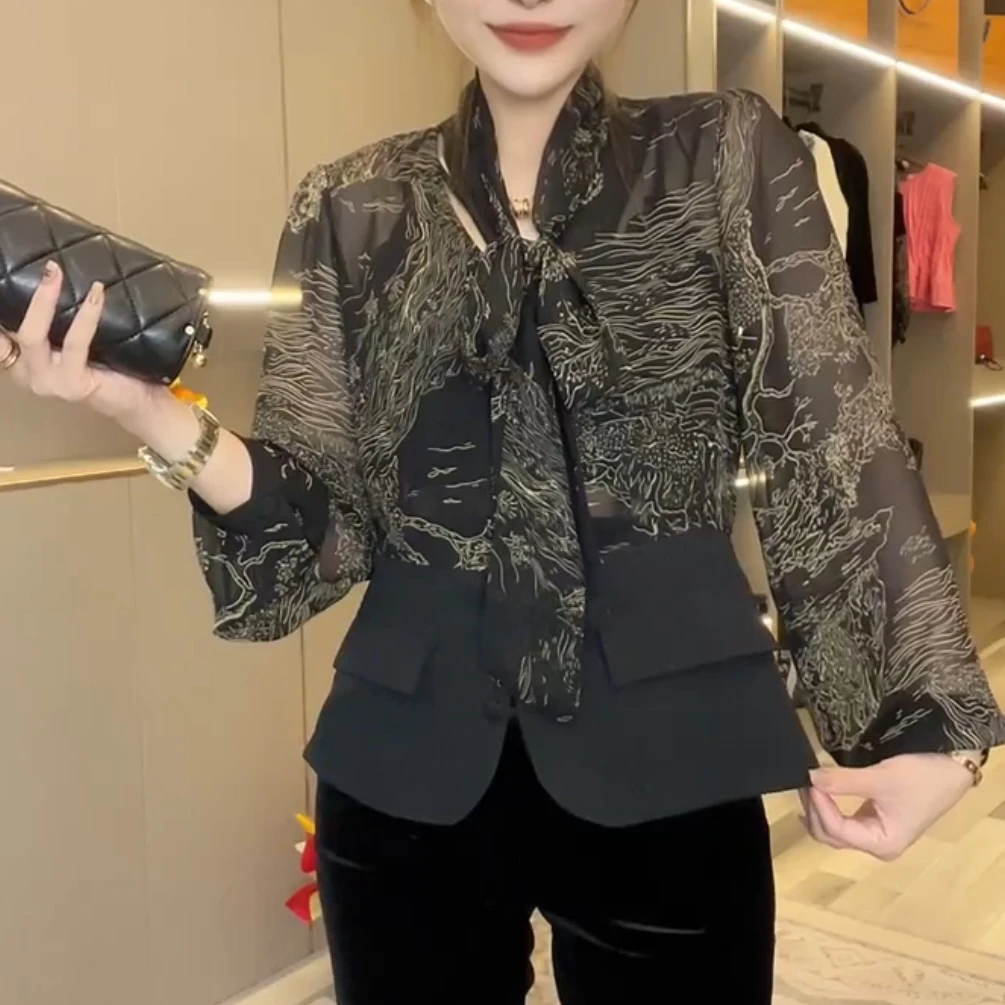 拼接花纱开衫女装时尚气质长袖修身百搭上衣