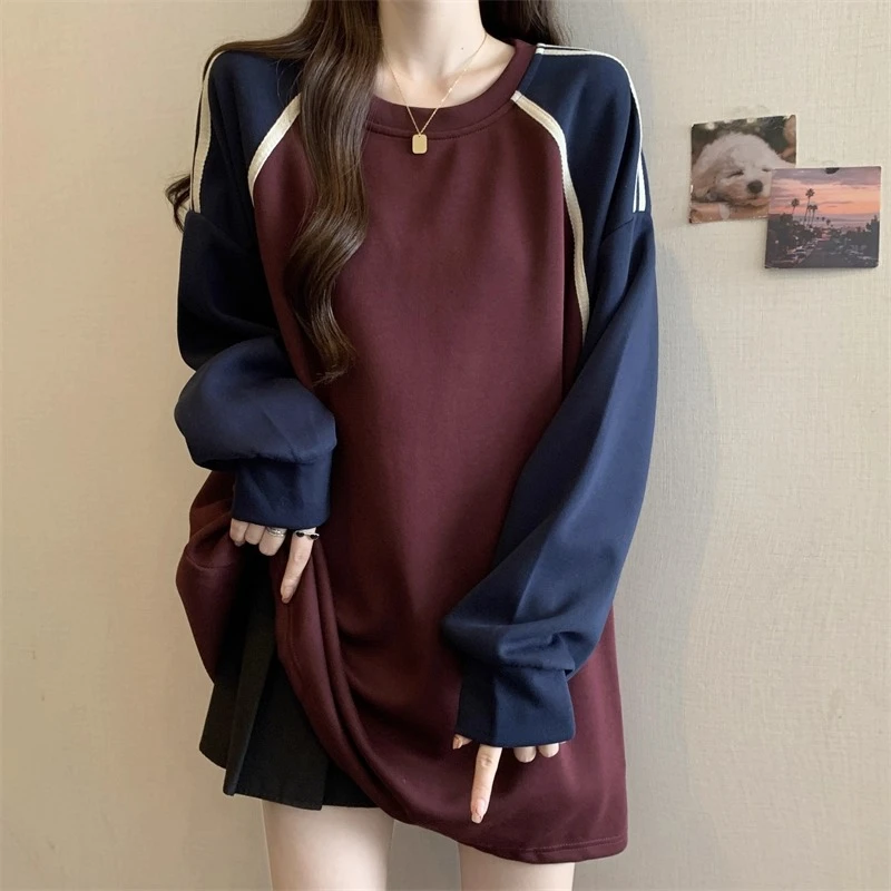 美式插肩长袖卫衣女秋季大码胖mm宽松显瘦慵懒风中长款遮屁股上衣