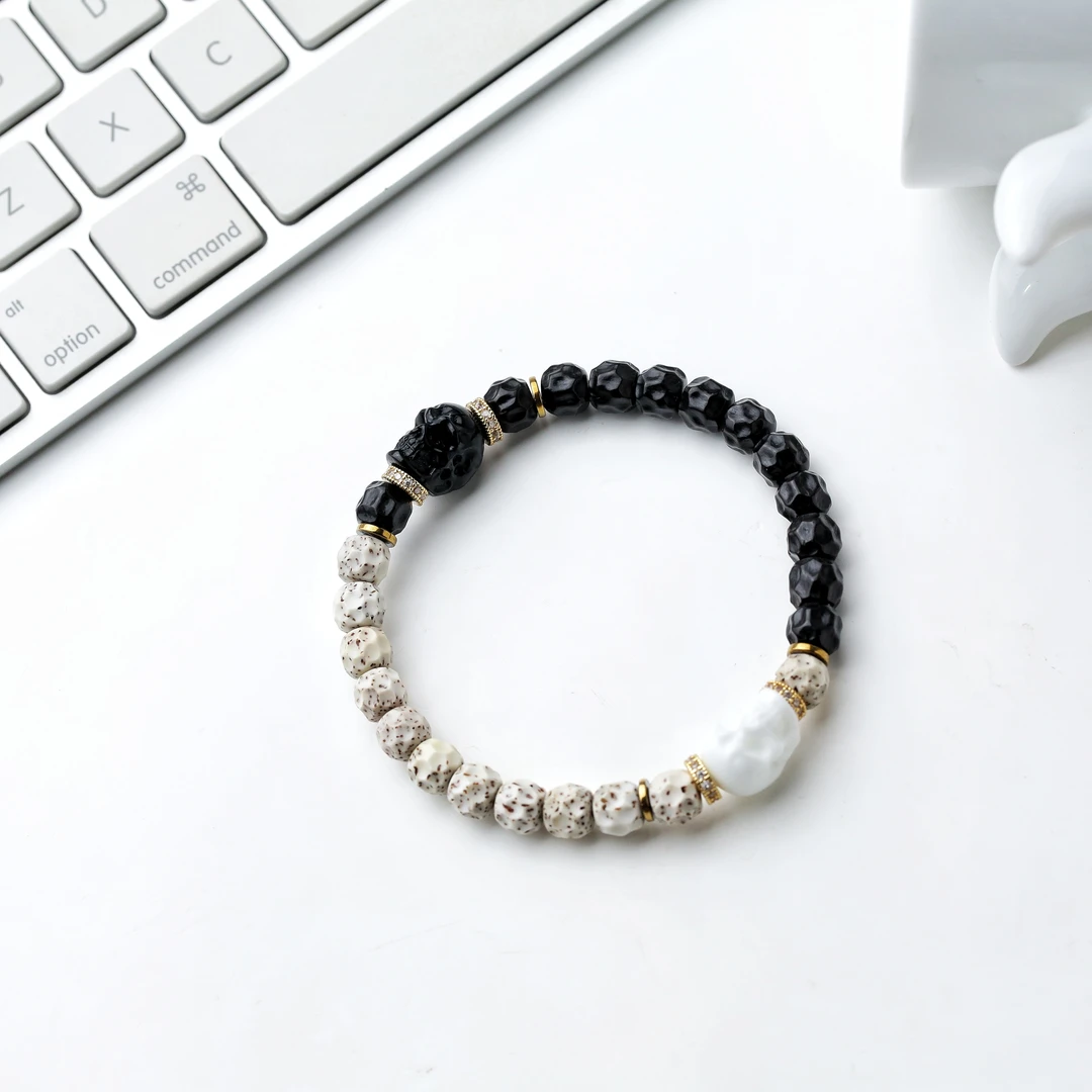 百顺文玩 黑金椰蒂 星月菩提-阴阳太极-中式无相手串搭黑玛瑙骷髅